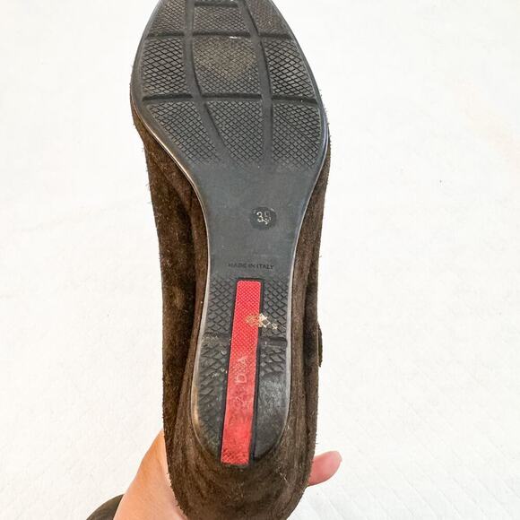 Prada Brown Suede Leather Mary Jane Wedge Pump Size 39 - Picture 5 of 6